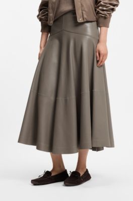 Leather midi skirt with bell silhouette, Taupe