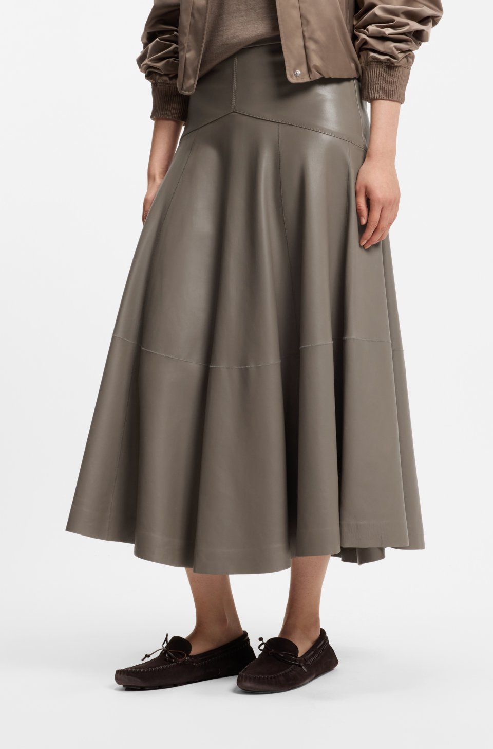 Leather midi skirt with bell silhouette