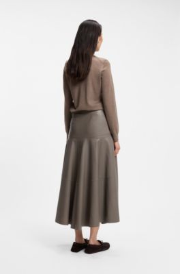 Leather midi skirt with bell silhouette, Taupe