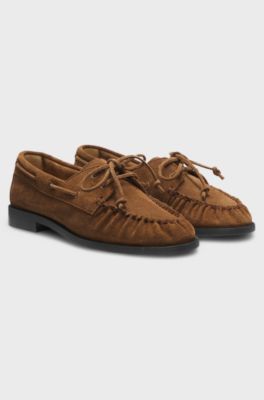 Suede moccasins with hand-stitched apron toe, Brown