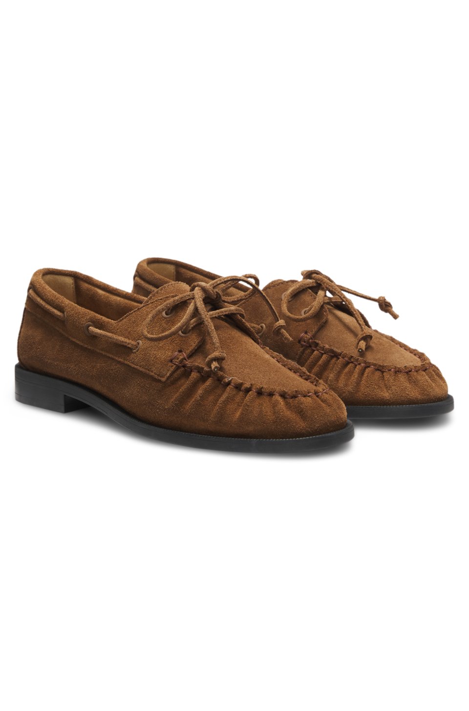 Suede moccasins with hand-stitched apron toe