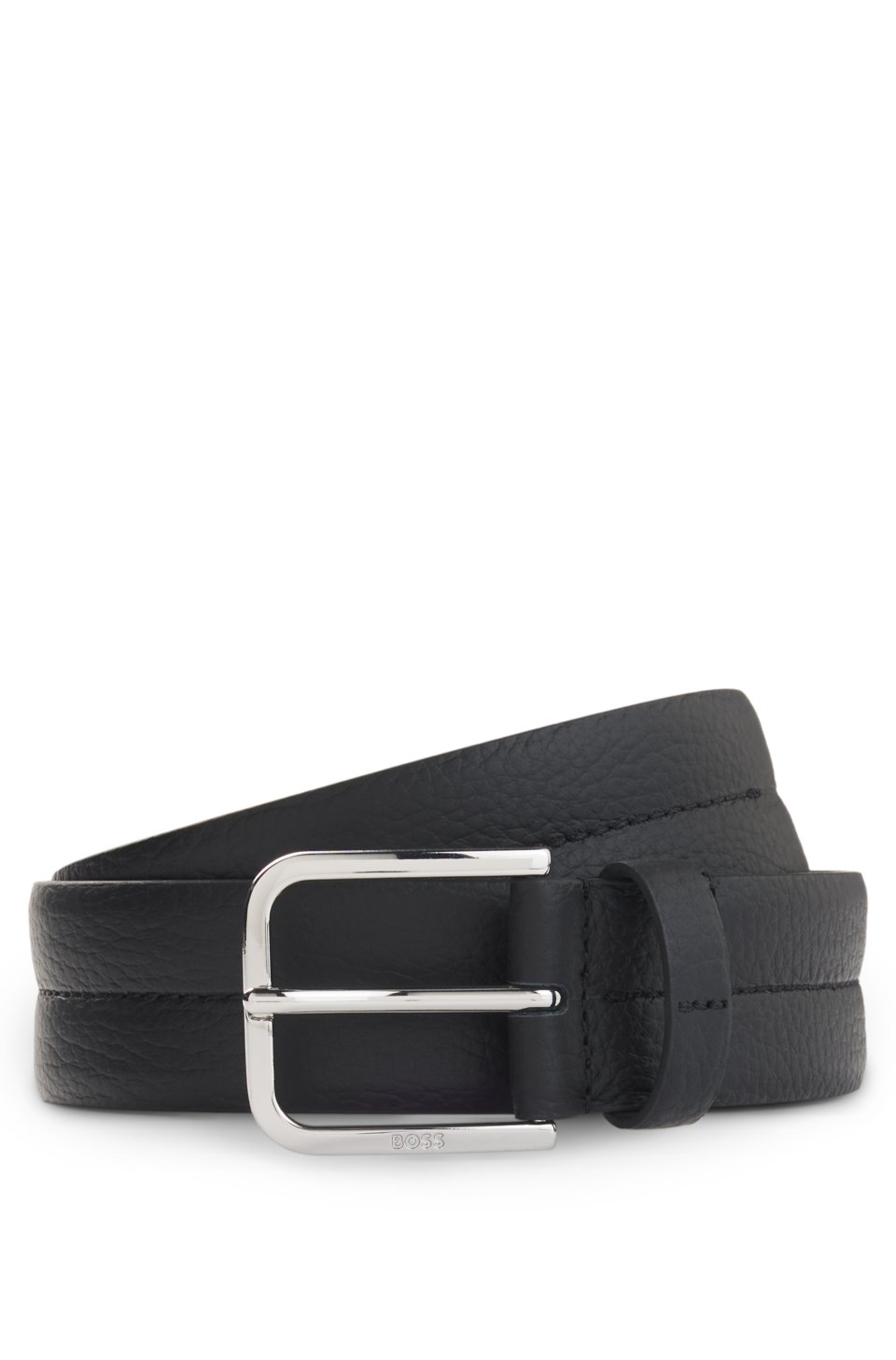 Leather business belt with polished silver buckle