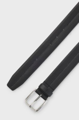 Leather business belt with polished silver buckle, Black