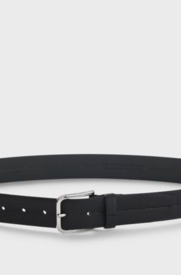 Leather business belt with polished silver buckle, Black