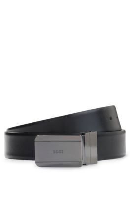 Reversible leather belt with pin and plaque buckles, Black