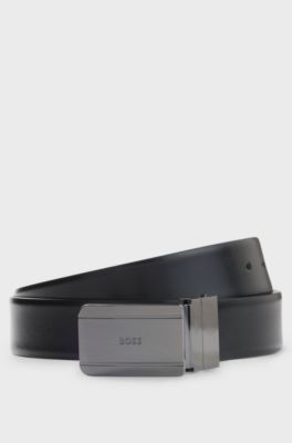 Reversible leather belt with pin and plaque buckles, Black