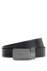 Reversible leather belt with pin and plaque buckles, Black