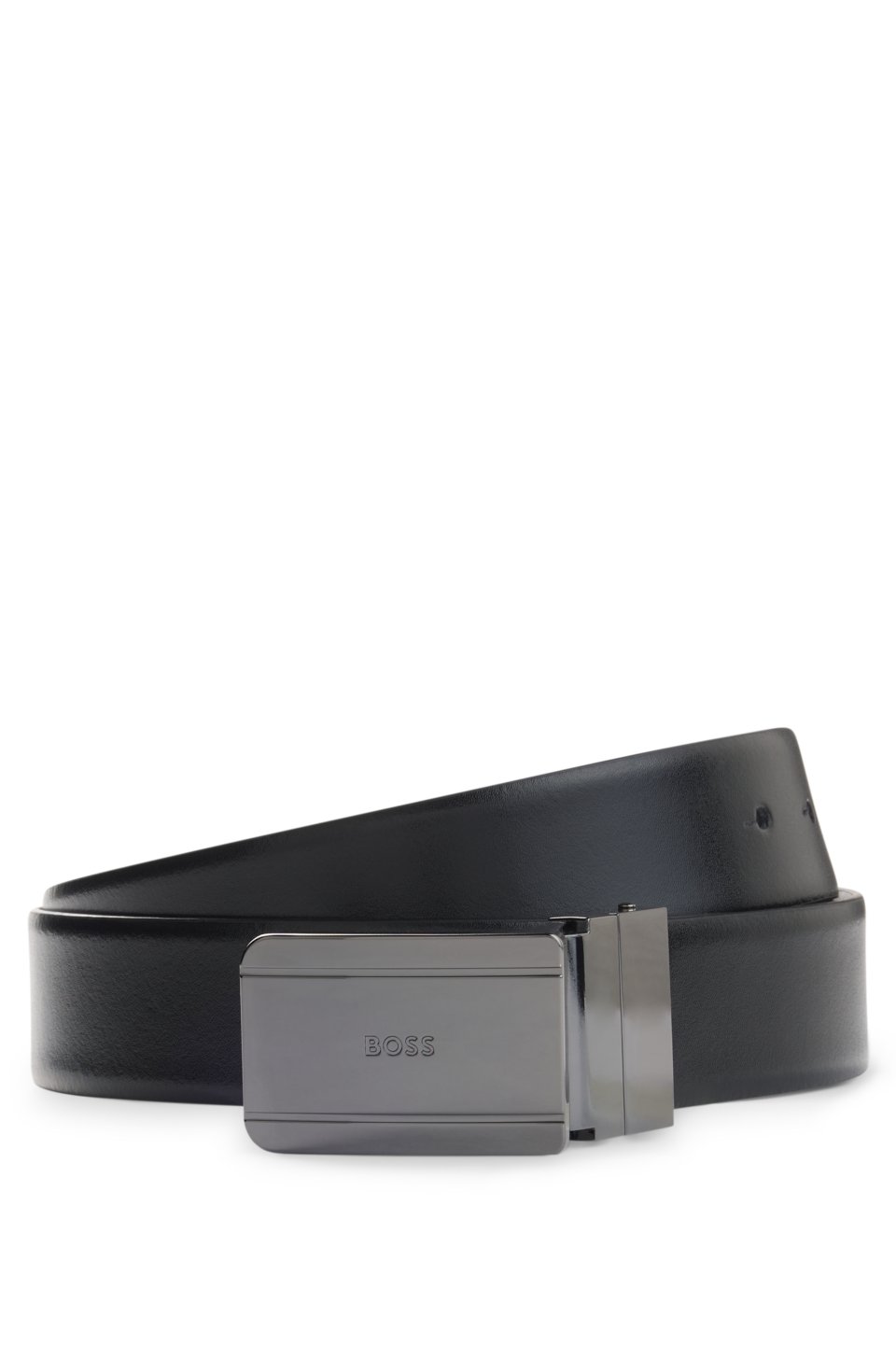 Reversible leather belt with pin and plaque buckles