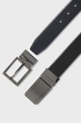 Reversible leather belt with pin and plaque buckles, Black