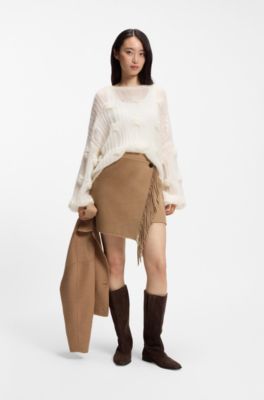 Wrap mini skirt with fringing, Light Brown