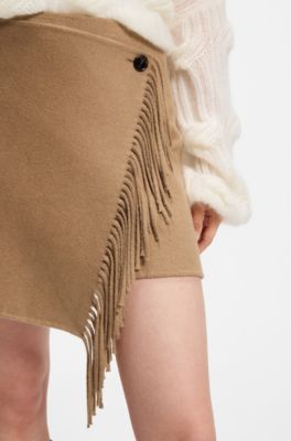 Wrap mini skirt with fringing, Light Brown