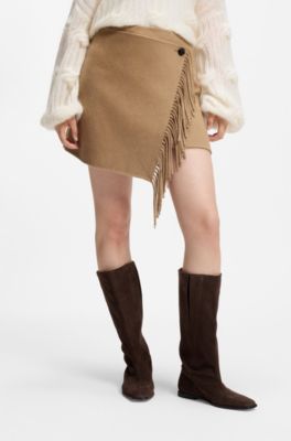 Wrap mini skirt with fringing, Light Brown