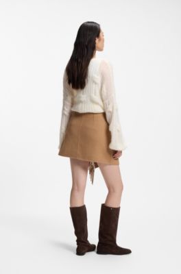 Wrap mini skirt with fringing, Light Brown