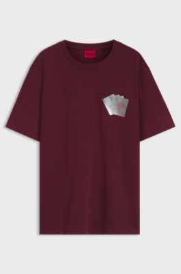 Cotton T-shirt with playing card foil graphic, Dark Red