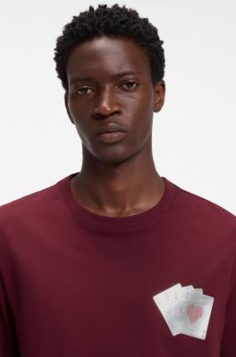 Cotton T-shirt with playing card foil graphic, Dark Red