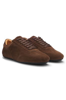 Suede trainers with embossed logo, Dark Brown