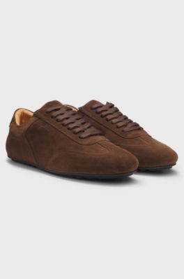 Suede trainers with embossed logo, Dark Brown