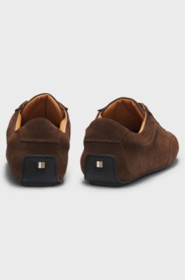 Suede trainers with embossed logo, Dark Brown