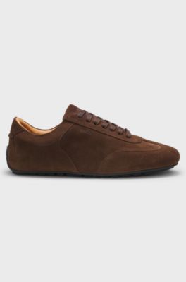 Suede trainers with embossed logo, Dark Brown