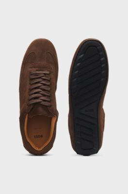 Suede trainers with embossed logo, Dark Brown