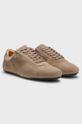 Suede trainers with embossed logo, Beige