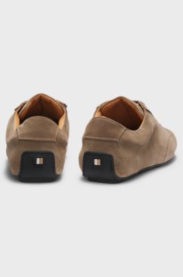 Suede trainers with embossed logo, Beige