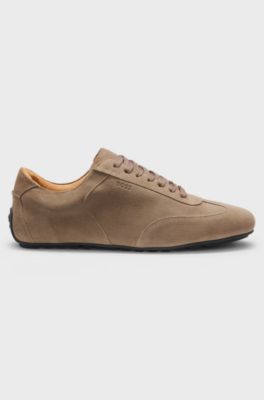 Suede trainers with embossed logo, Beige