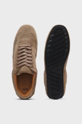 Suede trainers with embossed logo, Beige