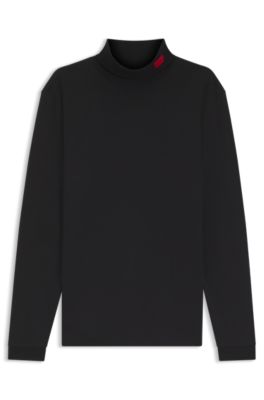 Slim-fit T-shirt in cotton with logo mock neckline, Black