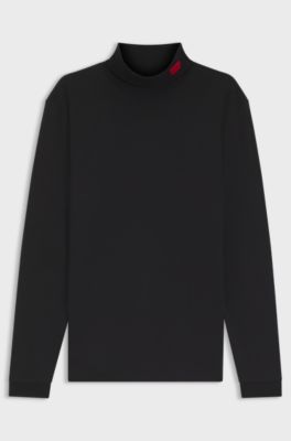 Slim-fit T-shirt in cotton with logo mock neckline, Black