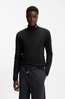 Slim-fit T-shirt in cotton with logo mock neckline, Black