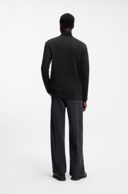 Slim-fit T-shirt in cotton with logo mock neckline, Black