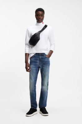 Slim-fit T-shirt in cotton with logo mock neckline, White