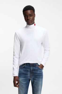 Slim-fit T-shirt in cotton with logo mock neckline, White