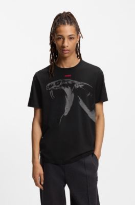 Cotton-jersey T-shirt with cobra print, Black