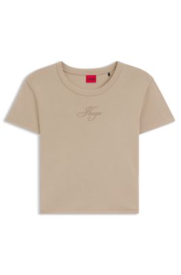 Cotton-blend T-shirt with embroidered logo, Light Beige