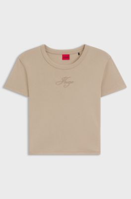 Cotton-blend T-shirt with embroidered logo, Light Beige