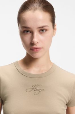 Cotton-blend T-shirt with embroidered logo, Light Beige