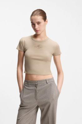 Cotton-blend T-shirt with embroidered logo, Light Beige