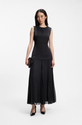 Sleeveless dress in crepe with pliss&eacute; skirt, Light Blue