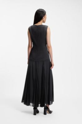 Sleeveless dress in crepe with pliss&eacute; skirt, Light Blue