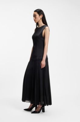 Sleeveless dress in crepe with pliss&eacute; skirt, Light Blue
