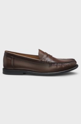 Mokassins aus Leder mit Pennyloafer-Besatz, Dunkelbraun
