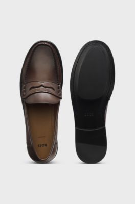 Mokassins aus Leder mit Pennyloafer-Besatz, Dunkelbraun