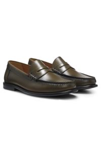 Leather moccasins with penny trim, Dark Green