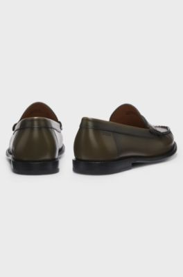 Leather moccasins with penny trim, Dark Green