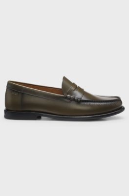 Leather moccasins with penny trim, Dark Green