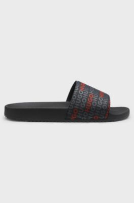 Italian-made slides with repeat-logo print, Black