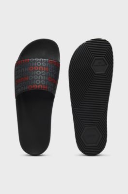 Italian-made slides with repeat-logo print, Black