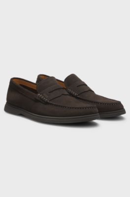 Suede loafers with logo penny trim, Dark Brown